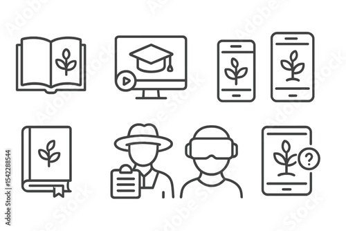AgriTech Learning Icons. Line style icons of agricultural education tech: learning module, online training, agri video, field app.
