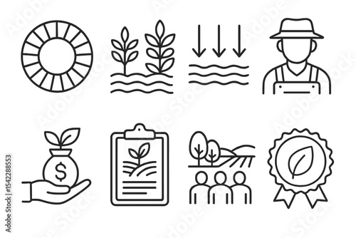 Sustainable Agriculture Icons. Line style icons of agricultural sustainability goals: UN goal icon, crop diversity, soil