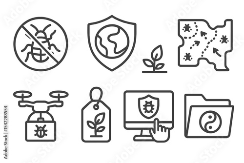 Ecological Disaster Icons. Line style icons of ecological disasters and response: invasive species icon, ecological threat badge,