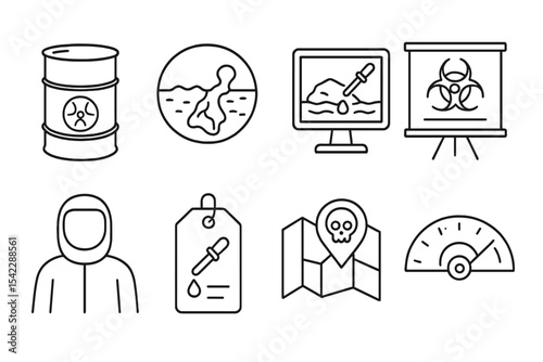 Ecological Disaster Icons. Line style icons of ecological disasters and response: toxic waste barrel icon, ground contamination