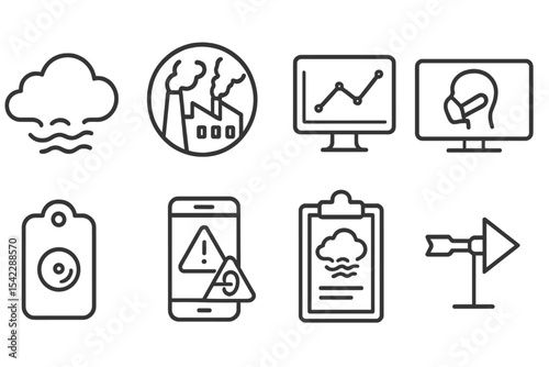 Ecological Disaster Icons. Line style icons of ecological disasters and response: air pollution cloud icon, industrial smog badge,