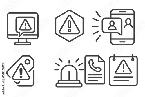 Ecological Disaster Icons. Line style icons of ecological disasters and response: emergency broadcast icon, hazard signal badge,