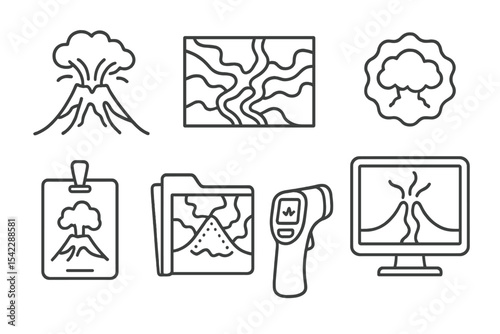 Ecological Disaster Icons. Line style icons of ecological disasters and response: volcano eruption icon, lava flow map, ash cloud