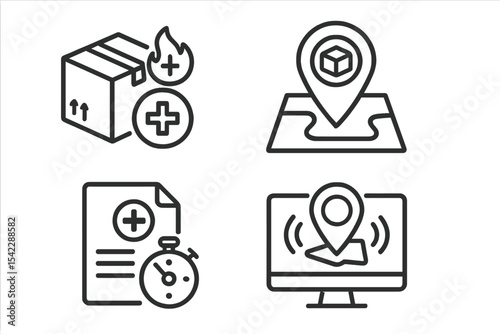 Ecological Relief Icons. Line style icons of ecological disasters and response: emergency logistics icon, disaster delivery badge,