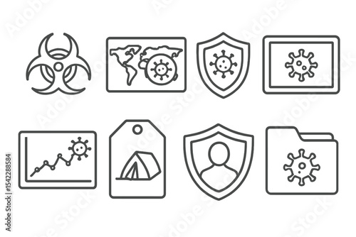 Ecological Disaster Icons. Line style icons of ecological disasters and response: biohazard outbreak icon, viral zone map,