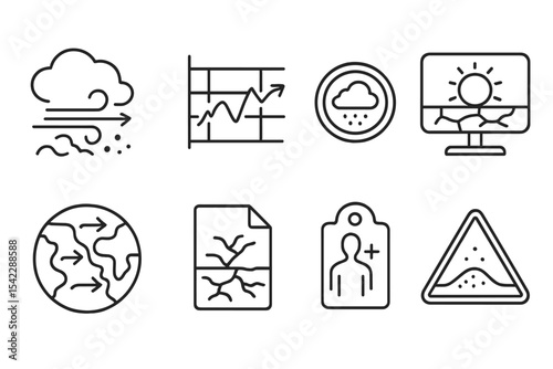 Ecological Disaster Icons. Line style icons of ecological disasters and response: dust storm icon, arid wind chart, air visibility