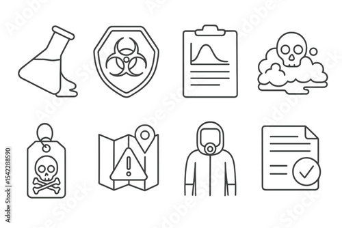 Ecological Disaster Icons. Line style icons of ecological disasters and response: chemical spill icon, hazmat zone badge,
