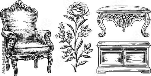 Elegant rococo furniture with floral and gothic details for interior design