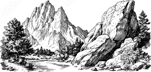 Majestic rock spires and serene mountain lake landscape illustration