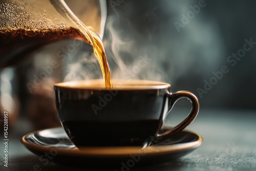 Pouring Hot Coffee Into a Black Ceramic Cup with Steam Rising in a Calm Setting. Concept of Coffee Shops, Hospitality, and Relaxation.