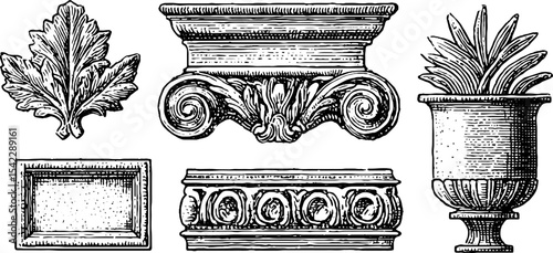 Elegant rococo scroll cartouches and medieval corbels for classic design