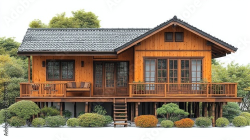 Exterior of a small wooden house with a deck