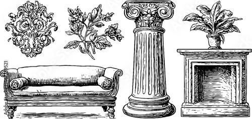 Antique roman triclinium couch and rococo wall sconce with classic elements