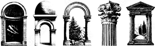 Romanesque architecture elements with arches and columns for art and design