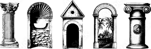 Romanesque architecture elements featuring arches and columns for design projects
