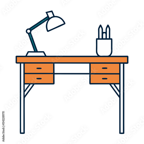 Simple illustration of a wooden desk with lamp and pencils
