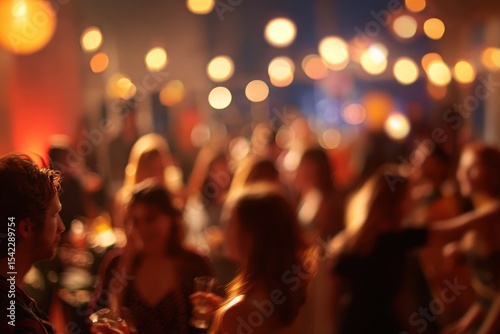 Blurred View of a Social Gathering with Warm Lights in an Elegant Indoor Venue