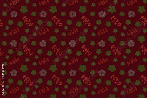 Seamless red and green floral pattern on light red background.