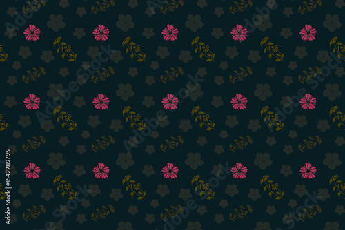 Seamless pink and green floral pattern on dark green background.