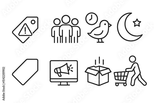 Black Friday Icons. Line style icons of Black Friday: sale alert, shopping crowd, early bird, midnight sale. black tag, promo