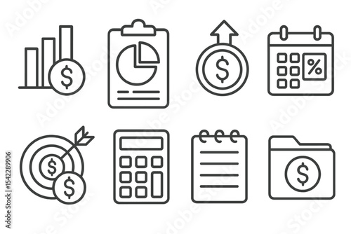 Financial Planning Icons. Line style icons of financial planning: budget chart, expense category, income icon, tax calendar.