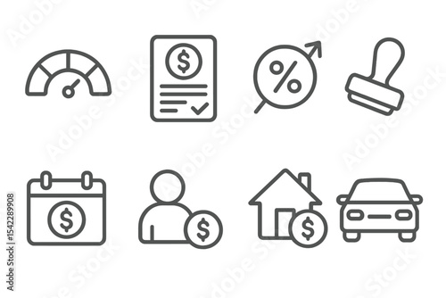 Credit and Loan Icons. Line style icons of credit and loans: credit score, loan paper, interest rate, approval stamp. EMI schedule