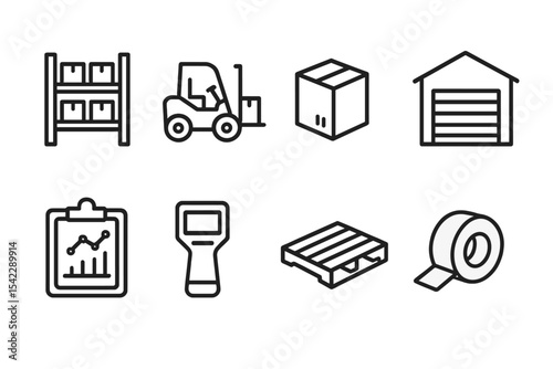 Warehouse Logistics Icons. Line style icons of warehouse logistics: storage rack, forklift, shipping box, warehouse building.