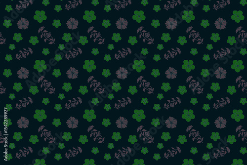 Seamless green floral pattern on dark green background.