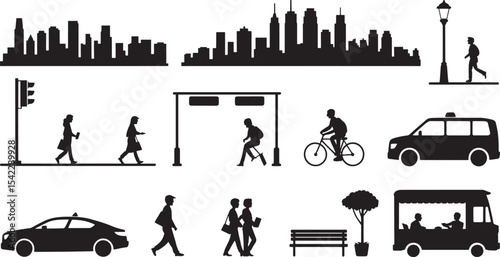 Black Silhouette Vector Cityscape People Vehicles Bicycle Traffic Light Park Bench Food Truck