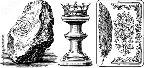 Mystic elements with rune stone, tarot card, and crown symbol for spiritual design