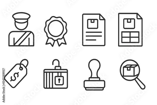 Customs Line Icons. Line style icons of customs and freight: customs officer, seal icon, freight form, cargo declaration. duty