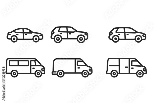 Vehicle Icons Collection. Line style icons of vehicle types: sedan, SUV, pickup, hatchback. minibus, tanker, van, tow truck. No