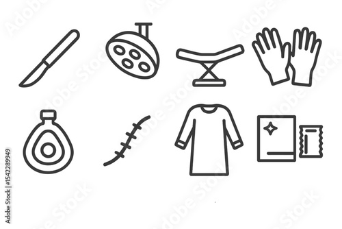 Surgery Icon Set. Line style icons of surgery and operation: scalpel, surgery lamp, operating table, surgical gloves. anesthesia