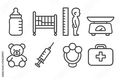 Children's Health Icons. Line style icons of children’s health: baby bottle, pediatric bed, growth chart, baby scale. teddy bear,