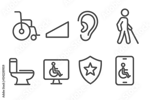 Disability Support Icons. Line style icons of disability support: wheelchair, ramp icon, hearing device, vision cane. accessible