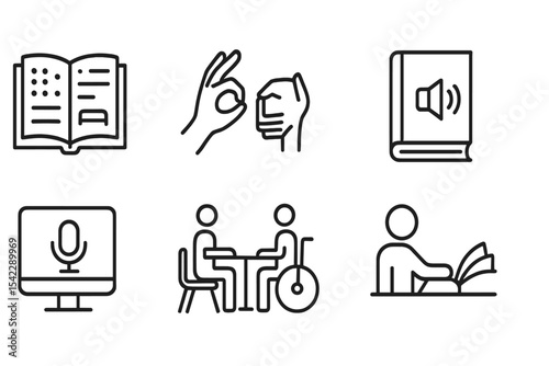 Inclusive Education Icons. Line style icons of inclusive education: braille book, sign language, special desk, audio book.