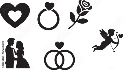 Black Silhouette Vector Icons Set Couple Hearts Rings Rose Cupid Love Romance Wedding
