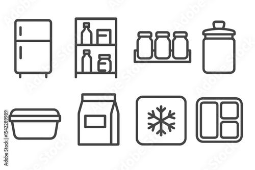 Food Storage Icons. Line style icons of food storage: fridge, pantry shelf, jar rack, canister. sealed container, labeled bag,