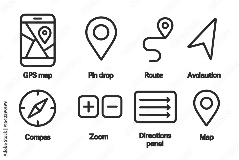 Mobile Navigation Icons. Line style icons of mobile navigation: GPS map, pin drop, route line, location arrow. compass, zoom Mobile Navigation Icons. Line style icons of mobile navigation: GPS map, pin drop, route line, location arrow. compass, zoom