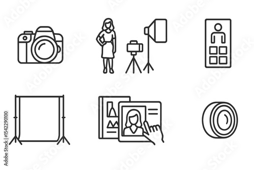 Fashion Photography Icons. Line style icons of fashion photography: DSLR camera, model shoot, lighting kit, posing guide. backdrop