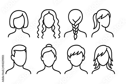 Hairstyle Icons. Line style icons of hairstyle trends: short bob, long curls, braid, ponytail. fade cut, bun, pixie cut, layered