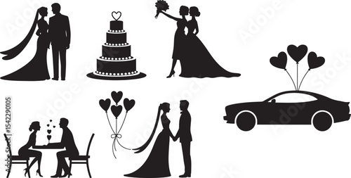 Black Silhouette Wedding Couple Cake Car Balloons Bride Groom Vector Graphics