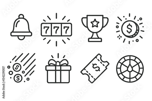 Jackpot Icons Collection. Line style icons of jackpot and rewards: jackpot bell, winning animation, prize icon, coin explosion.