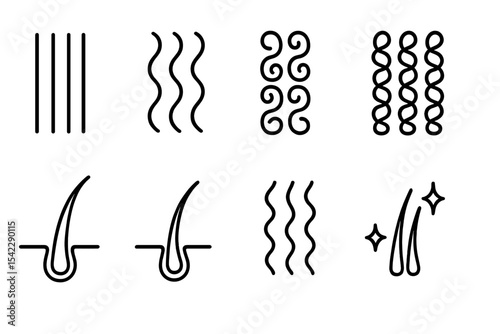 Hair Texture Icons. Line style icons of hair textures: straight hair, wavy hair, curly hair, coily hair. thick hair, fine hair,