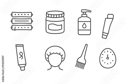 Chemical Hair Treatment Icons. Line style icons of chemical treatments: perm rods, relaxer jar, neutralizing shampoo, treatment