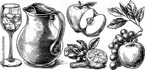 Refreshing sangria elements: pitcher, fruit, and spices design for beverage concepts