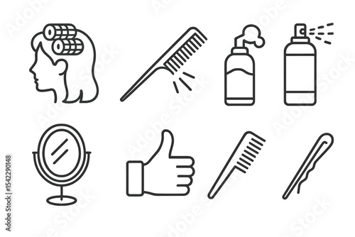 Hair Styling Icons. Line style icons of styling sessions: setting rollers, teasing comb, applying mousse, final spray. style