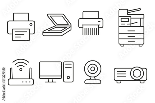 Office Tech Icons. Line style icons of office tech: printer, scanner, shredder, copier machine. Wi-Fi router, desktop PC, webcam,