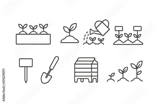 Vegetable Garden Icons. Line style icons of vegetable garden elements: garden bed, vegetable sprout, watering vegetables, veggie