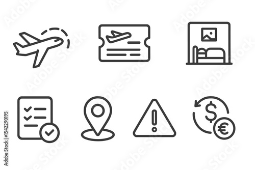 Travel App Icons. Line style icons of travel apps: flight tracker, boarding pass, luggage icon, hotel room. itinerary planner,